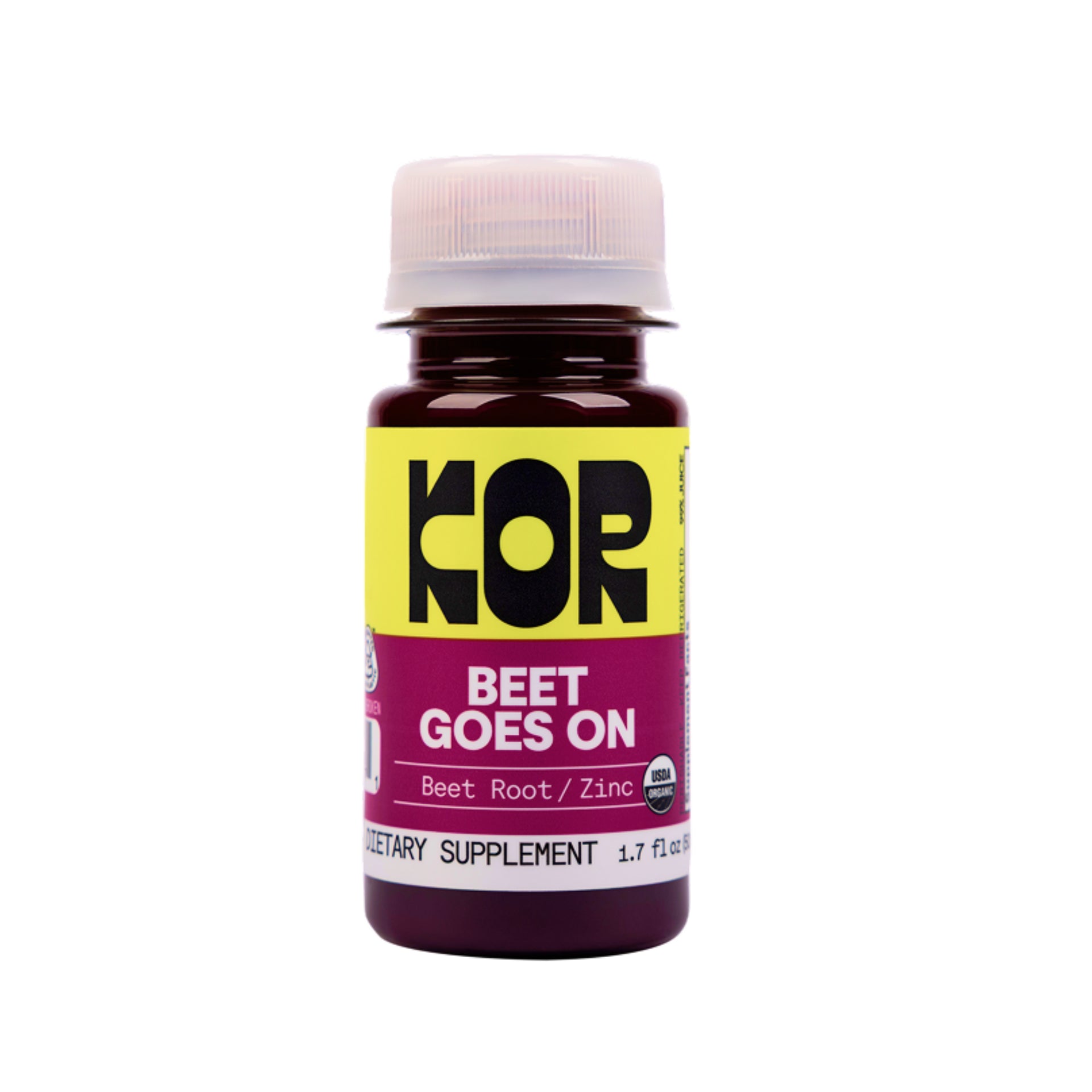 A bottle of KOR Beet Goes On dietary supplement, featuring a yellow and magenta label with a white cap, set against a plain white background.