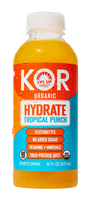 A bottle of KOR Organic Hydrate Tropical Punch, a sports drink designed to support immune health and provide a vitamin C boost.